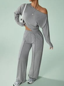 SHEIN PariChic Asymmetrical Shoulder Long Sleeve Sweatshirt And Pants Lazy Casual Set - Grey - View 4
