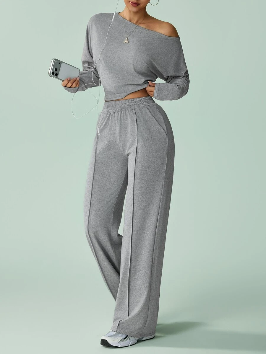 SHEIN PariChic Asymmetrical Shoulder Long Sleeve Sweatshirt And Pants Lazy Casual Set - Grey - View 1