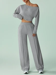 SHEIN PariChic Asymmetrical Shoulder Long Sleeve Sweatshirt And Pants Lazy Casual Set - Grey - View 5