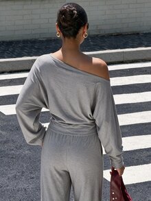 SHEIN PariChic Asymmetrical Shoulder Long Sleeve Sweatshirt And Pants Lazy Casual Set - Grey - View 7
