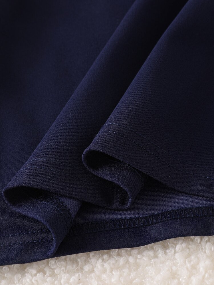 SHEIN 2pcs Young Girl Polo Shirt Pants Preppy Navy White Bow Ruffle Contrast Striped Long Sleeve Lapel Regular School Autumn Holiday Christmas Sporty Outfit - Navy Blue - View 9