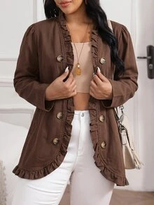 EMERY ROSE Plus Size Plain Ruffle Hem Double-Breasted Casual Long Sleeve Denim Jacket - Coffee Brown - View 4