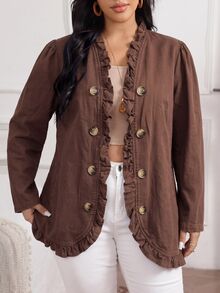 EMERY ROSE Plus Size Plain Ruffle Hem Double-Breasted Casual Long Sleeve Denim Jacket - Coffee Brown - View 5