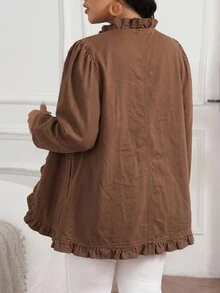 EMERY ROSE Plus Size Plain Ruffle Hem Double-Breasted Casual Long Sleeve Denim Jacket - Coffee Brown - View 2