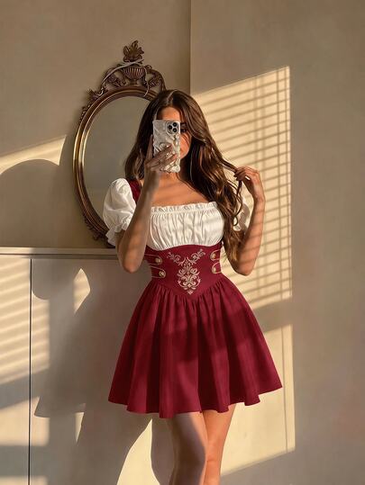 SHEIN MOD Metal Buckle Embroidered Petal Sleeve 2 In 1 Short Dress