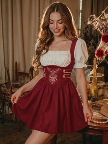 SHEIN MOD 金屬扣飾刺繡花瓣袖 2合1短洋裝 - 酒紅色 - 查看 3