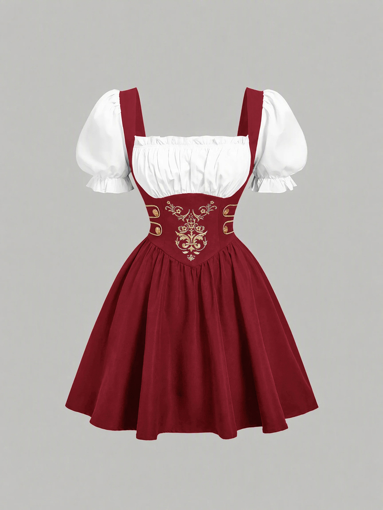 SHEIN MOD Metal Buckle Embroidered Petal Sleeve 2 In 1 Short Dress - Burgundy - View 2