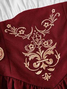 SHEIN MOD 金屬扣飾刺繡花瓣袖 2合1短洋裝 - 酒紅色 - 查看 7