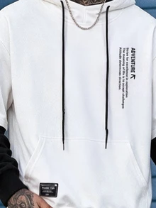 Devon Thys Men's Loose Fit Slogan Graphic 2 In 1 Hoodie,White Long Sleeve Color Block Streetwear With Pocket,Drawstring Letter Hoody For Autumn School Graduation - White - View 4