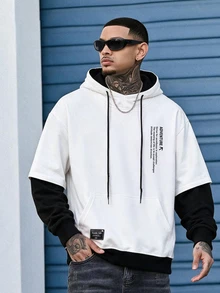 Devon Thys Men's Loose Fit Slogan Graphic 2 In 1 Hoodie,White Long Sleeve Color Block Streetwear With Pocket,Drawstring Letter Hoody For Autumn School Graduation - White - View 3