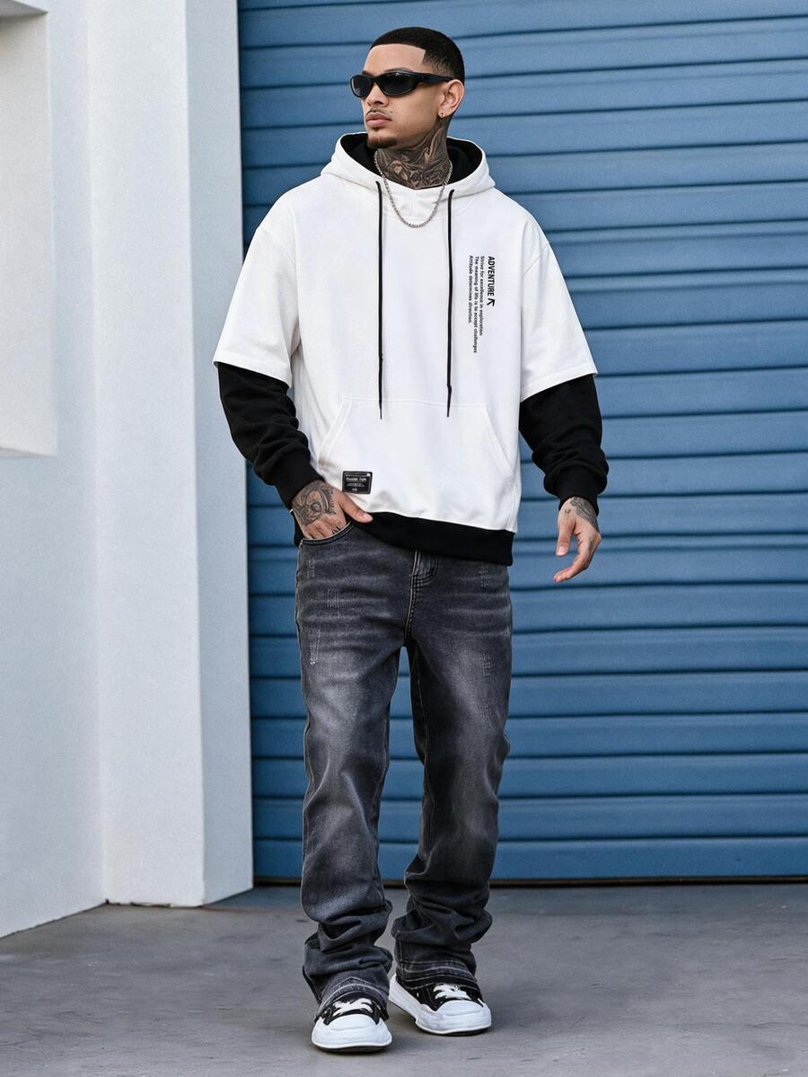 Devon Thys Men's Loose Fit Slogan Graphic 2 In 1 Hoodie,White Long Sleeve Color Block Streetwear With Pocket,Drawstring Letter Hoody For Autumn School Graduation - White - View 1