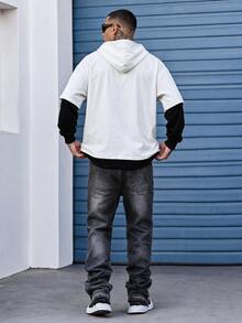 Devon Thys Men's Loose Fit Slogan Graphic 2 In 1 Hoodie,White Long Sleeve Color Block Streetwear With Pocket,Drawstring Letter Hoody For Autumn School Graduation - White - View 2