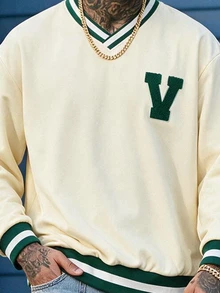 Devon Thys 男士休闲时尚字母植绒宽松V领卫衣 Y2K针织衫，适合网球、秋季穿着，长袖上衣 - 杏色 - 查看 3