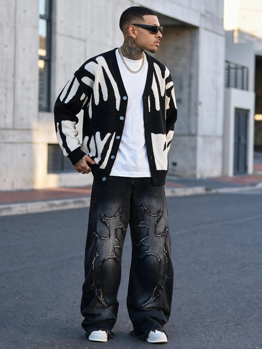Devon Thys Men's Color-Block Button-Up Long Sleeve Cardigan Sweater, For Fall Winter - Black and White - View 1
