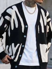 Devon Thys Men's Color-Block Button-Up Long Sleeve Cardigan Sweater, For Fall Winter - Black and White - View 4