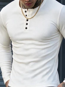 Devon Thys قميص رجالي أساسي أبيض بياقة هنلي طويل الأكمام، لون أحادي بتصميم بسيط، مناسب للخريف والشتاء - أبيض - مشاهدة 4