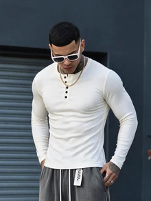 Devon Thys قميص رجالي أساسي أبيض بياقة هنلي طويل الأكمام، لون أحادي بتصميم بسيط، مناسب للخريف والشتاء - أبيض - مشاهدة 3