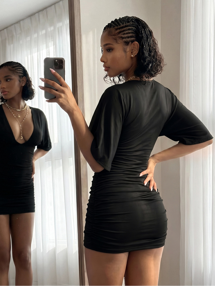 EgrlEra Deep V-Neck Ruched Bodycon Flare Sleeve Dress Halloween Night Party Black Summer Sexy Elegant - Black - View 2