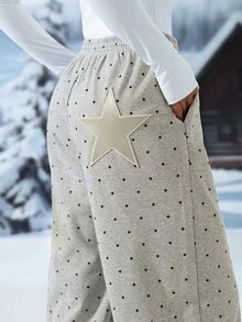 Exploreva Women's Drawstring Waist Polka Dot Casual Daily Outdoor Sweatpants - Grey - View 4