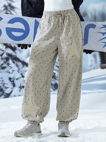 Exploreva Women's Drawstring Waist Polka Dot Casual Daily Outdoor Sweatpants - Grey - View 2