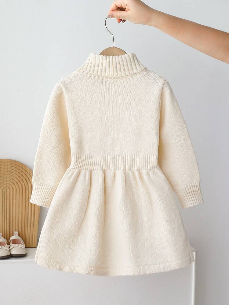 Girls' Beige-Apricot Thick Autumn/Winter Pullover Round Neck High Collar Regular Shoulder Long Sleeve Cute Bow Decor (Small) A-Line Sweater Dress, Soft Fabric Suitable For Outings, Single Wear, Layering, Casual, Gatherings And Multiple Occasions - Beige - View 2