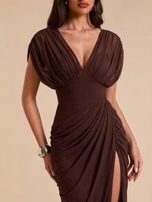 SHEIN BAE Fall Winter Brown Deep V Neck Puff Sleeve Ruched Slit Slim Dress Thanksgiving Dinner Party Formal Gown - Purple - View 4