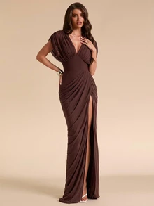 SHEIN BAE Fall Winter Brown Deep V Neck Puff Sleeve Ruched Slit Slim Dress Thanksgiving Dinner Party Formal Gown - Purple - View 3