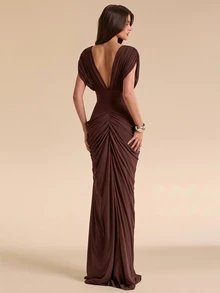 SHEIN BAE Fall Winter Brown Deep V Neck Puff Sleeve Ruched Slit Slim Dress Thanksgiving Dinner Party Formal Gown - Purple - View 2