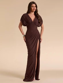 SHEIN BAE Fall Winter Brown Deep V Neck Puff Sleeve Ruched Slit Slim Dress Thanksgiving Dinner Party Formal Gown - Purple - View 7
