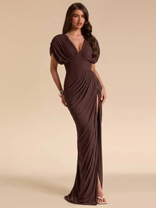 SHEIN BAE Fall Winter Brown Deep V Neck Puff Sleeve Ruched Slit Slim Dress Thanksgiving Dinner Party Formal Gown - Purple - View 1