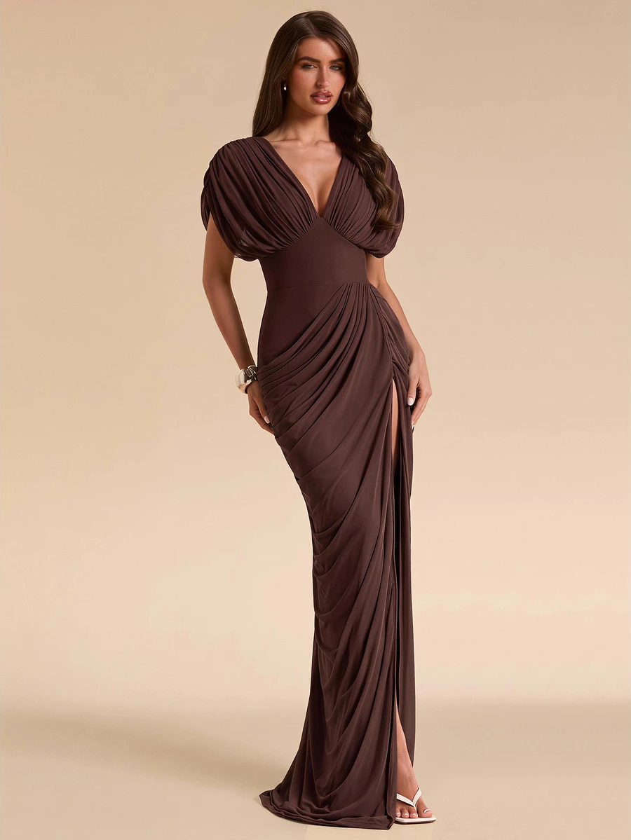 SHEIN BAE Fall Winter Brown Deep V Neck Puff Sleeve Ruched Slit Slim Dress Thanksgiving Dinner Party Formal Gown - Purple - View 1