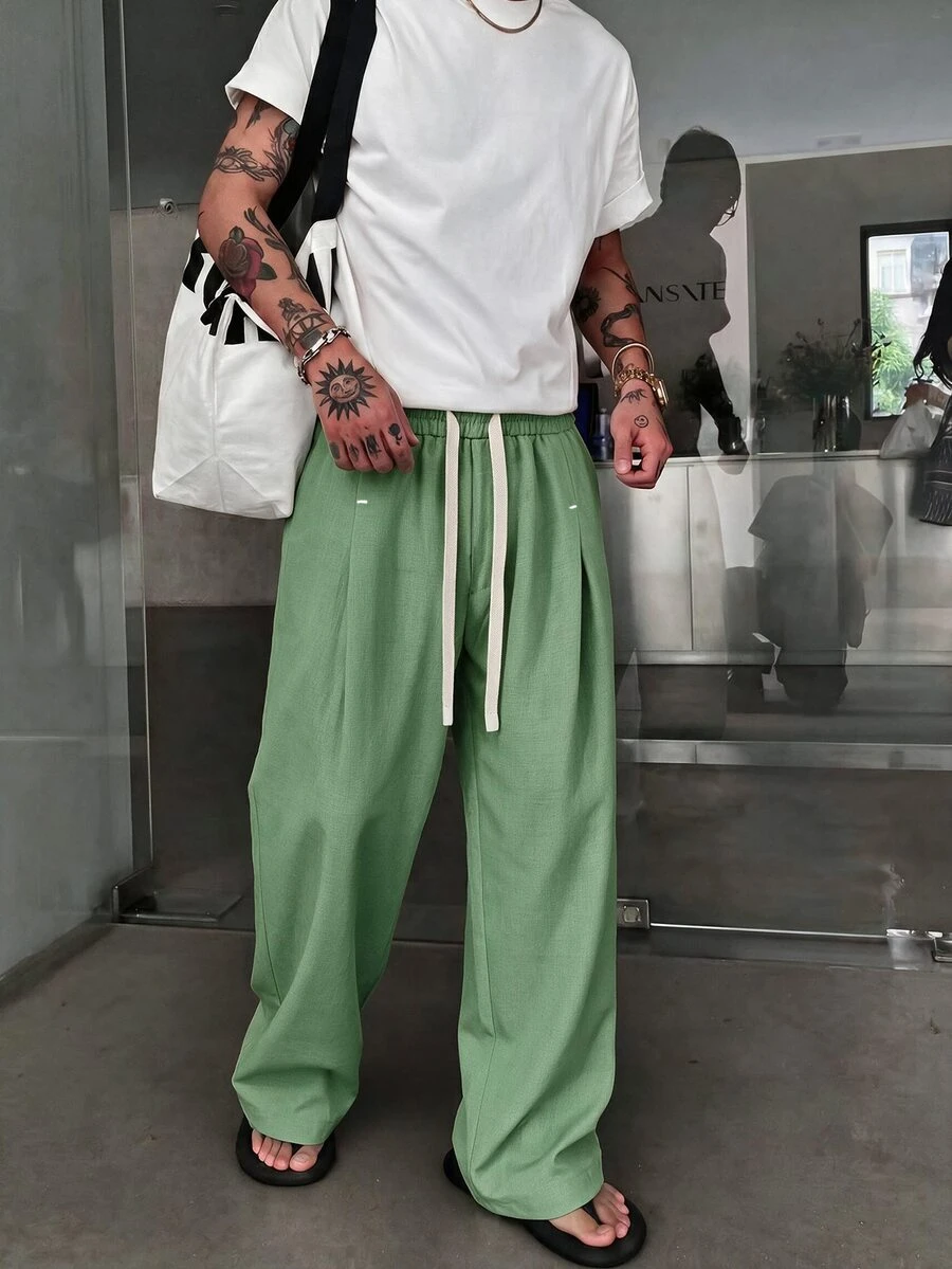 STEELVANCE 男士休閒百搭純色長褲 - 草綠色 - 查看 1