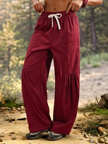 Exploreva Women's Drawstring Waist Casual Versatile Daily Outdoor Long Pants - Burgundy - View 4