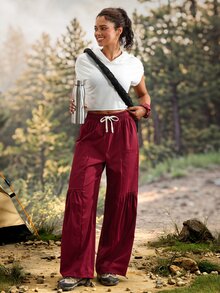 Exploreva Women's Drawstring Waist Casual Versatile Daily Outdoor Long Pants - Burgundy - View 6