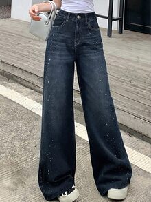 DAZY Women's Casual Everyday Washed Slant Pocket Wide Leg Jeans Cute Tops - Royal Blue - View 9