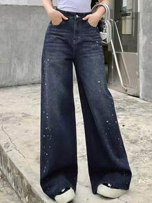 DAZY Women's Casual Everyday Washed Slant Pocket Wide Leg Jeans Cute Tops - Royal Blue - View 2