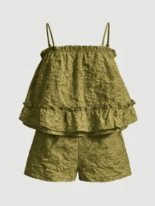 BELROSIE 荷叶边吊带背心和短裤，圣诞假日派对服装 - 綠色 - 查看 5