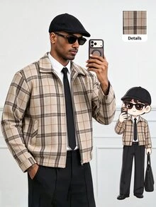HUEFORM Men's Vintage Plaid Wool Blend Overcoat With Lapel Collar And Zipper, Loose Fit - Brown - View 1