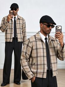 HUEFORM Men's Vintage Plaid Wool Blend Overcoat With Lapel Collar And Zipper, Loose Fit - Brown - View 5