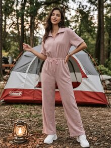 Exploreva Women's Solid Color Pleated Casual Daily Outdoor Jumpsuit - Red - View 4