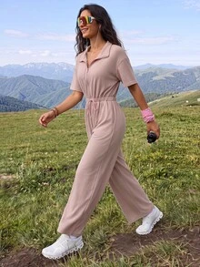 Exploreva Women's Solid Color Pleated Casual Daily Outdoor Jumpsuit - Red - View 1