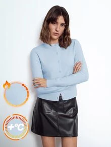 Maija 女款淺藍色優雅百搭純色圓領長袖前開扣極簡時尚針織開襟衫，輕量辦公秋季款 - 藍色 - 查看 7