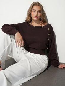 Maija Plus Size Casual Smart Classy Elegant Knit Top Fall Office Formal Evening Club Black And Gold - Rust Brown - View 5