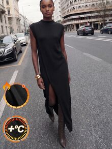 Maija 女式黑色纯色现代都市优雅圆领宽肩带简约开衩下摆休闲毛衣裙，优雅淑女裙 - 黑色 - 查看 1
