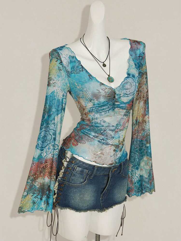 SHEIN ICON Fall Women's Western Boho Teal Allover Print V-Neck Ruched Elegant Long Sleeve Blouse - Multicolor - View 5