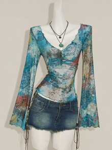 SHEIN ICON Fall Women's Western Boho Teal Allover Print V-Neck Ruched Elegant Long Sleeve Blouse - Multicolor - View 7