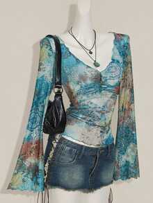 SHEIN ICON Fall Women's Western Boho Teal Allover Print V-Neck Ruched Elegant Long Sleeve Blouse - Multicolor - View 10
