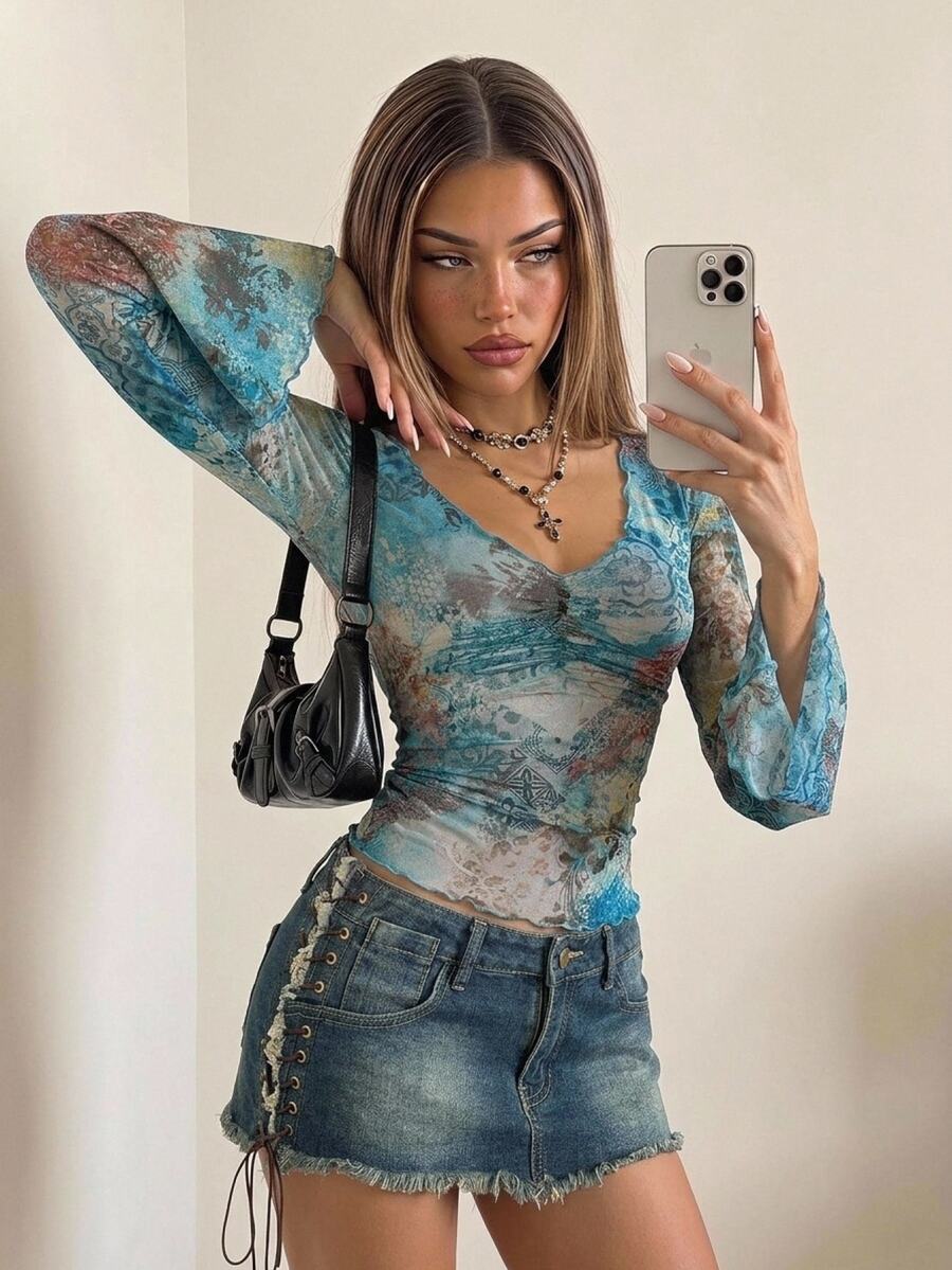SHEIN ICON Fall Women's Western Boho Teal Allover Print V-Neck Ruched Elegant Long Sleeve Blouse - Multicolor - View 1