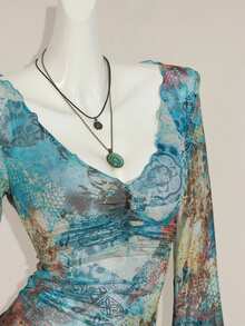 SHEIN ICON Fall Women's Western Boho Teal Allover Print V-Neck Ruched Elegant Long Sleeve Blouse - Multicolor - View 3