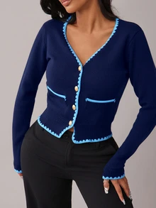 Radiana Women's New Autumn V-Neck Button-Front Cardigan, French Style Versatile,Sweaters For Women - Royal Blue - View 3
